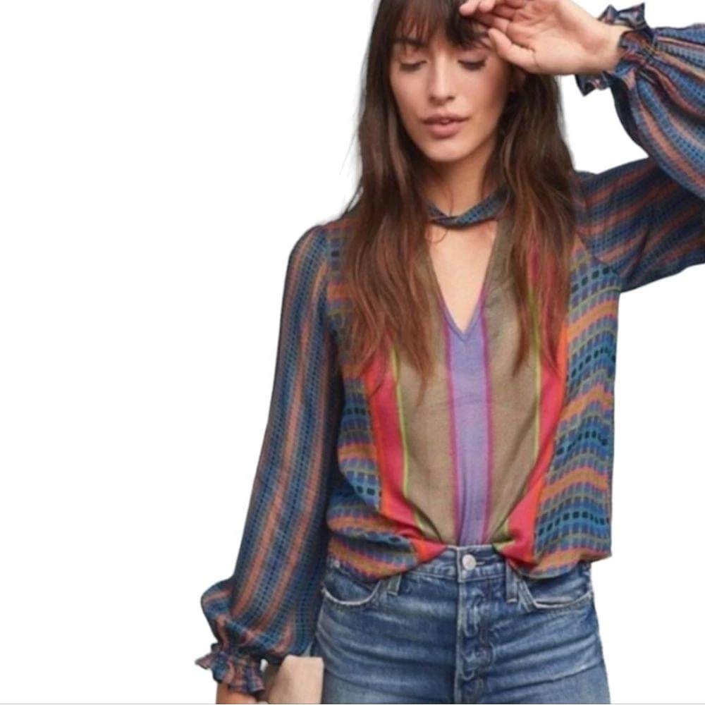 Conditions Apply Anthropologie Mixed Print Keyhole Blouse Pink Blue XS‎